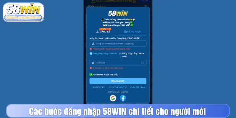 Các bước đăng nhập 58WIN chi tiết cho người mới