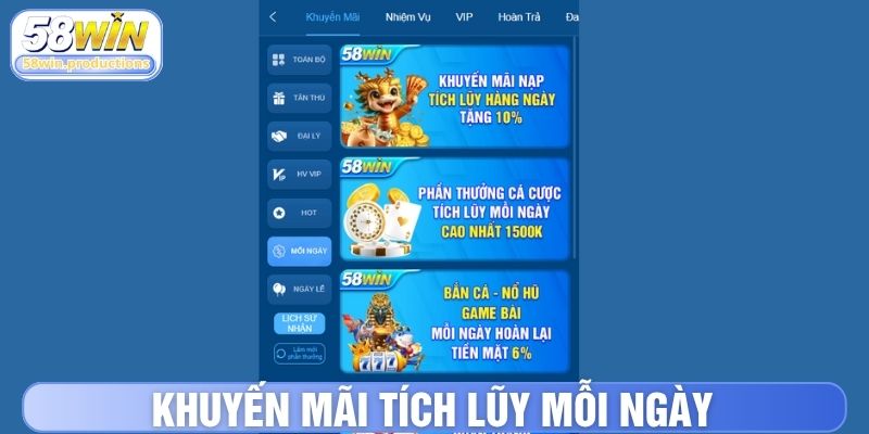 Ưu đãi 58Win tích lũy mỗi ngày lên đến hàng triệu đồng